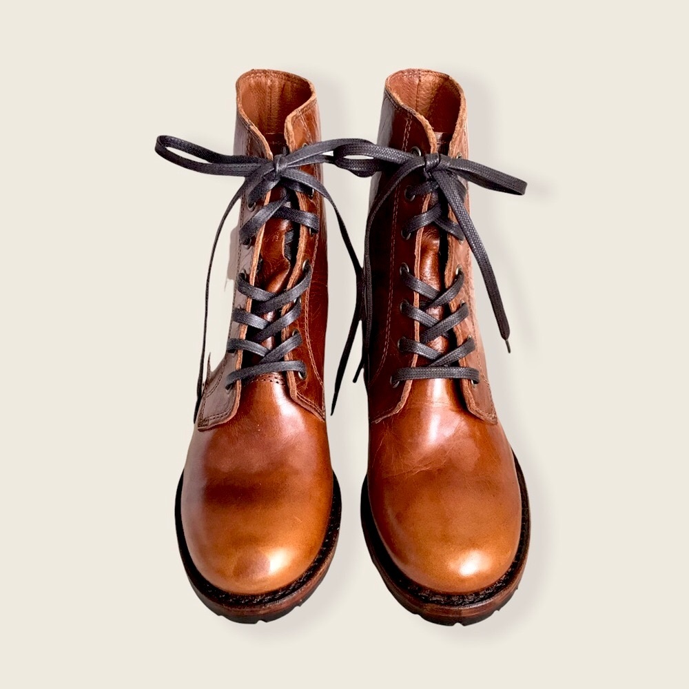 RARE Frye Sabrina 6G Cognac Laced Combat AnkleBoot - Picture 11 of 16